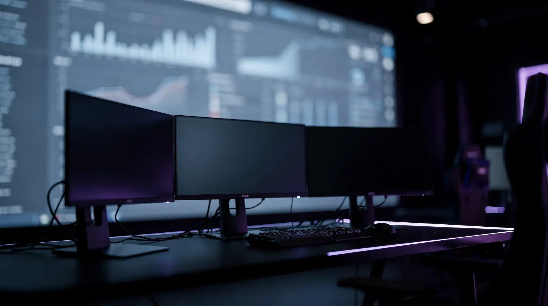 An esports analytics command center with dim blurred data screens and purple light