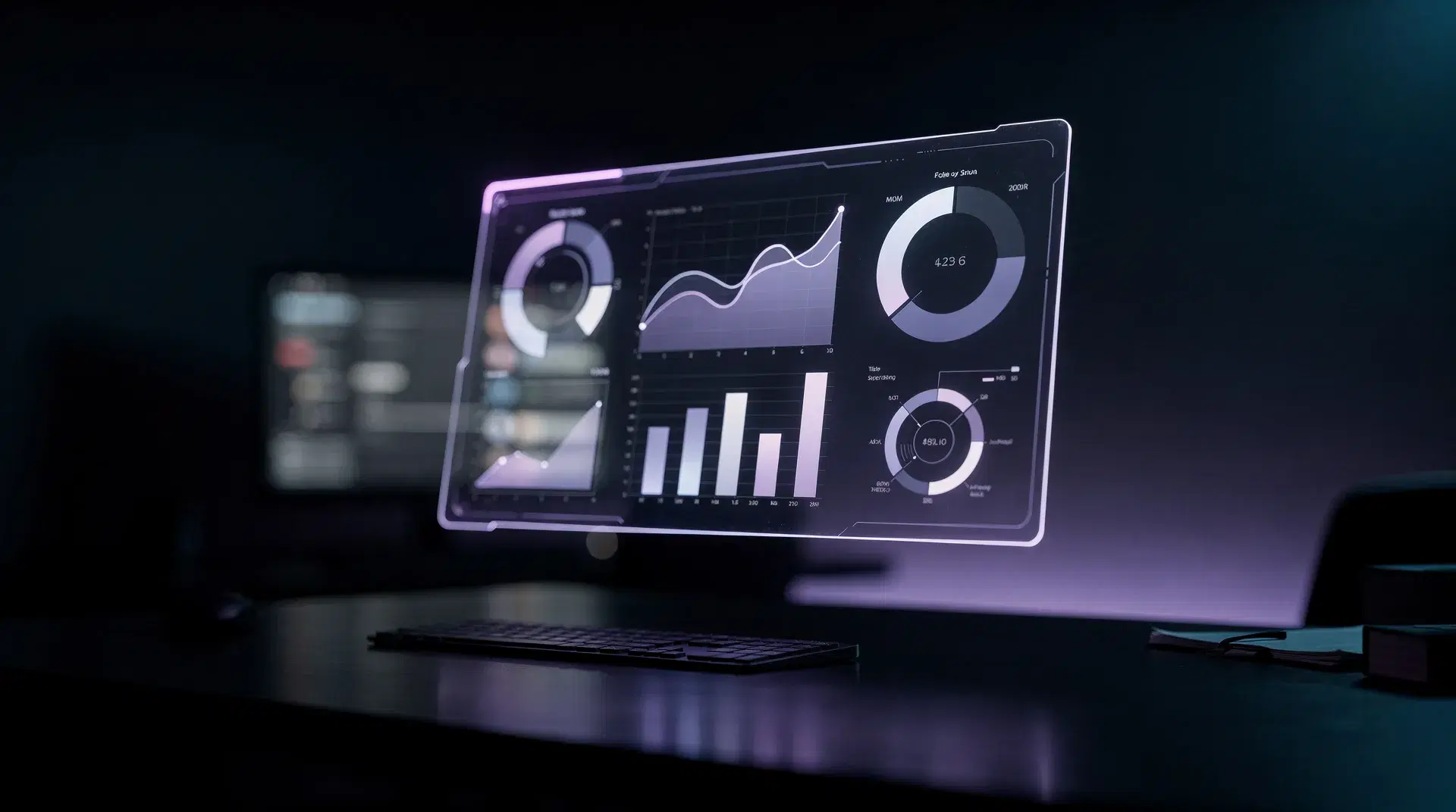 A holographic performance stats dashboard concept glowing above a dark desk