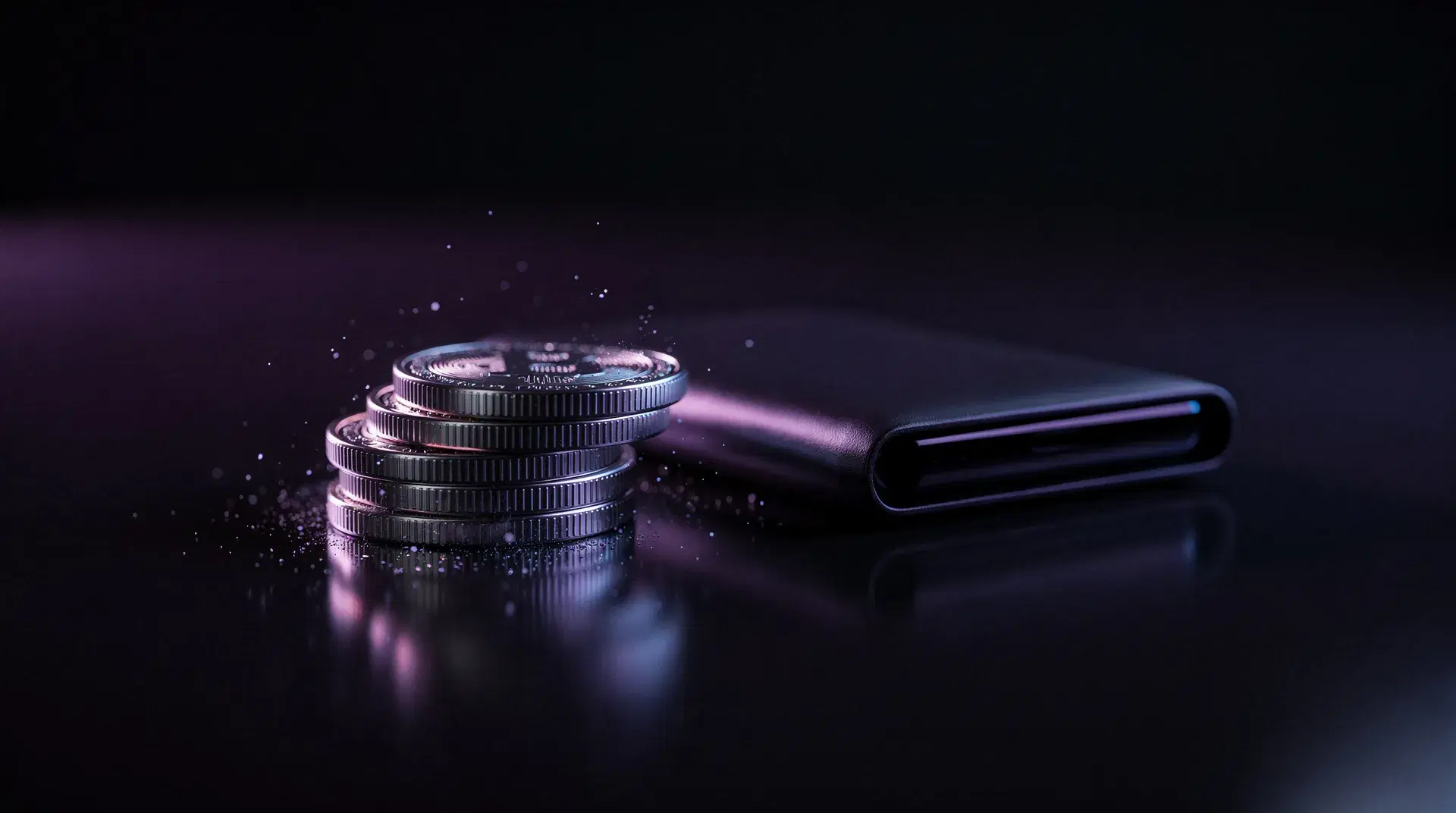 Glowing digital coins and a wallet concept on a dark surface with purple light