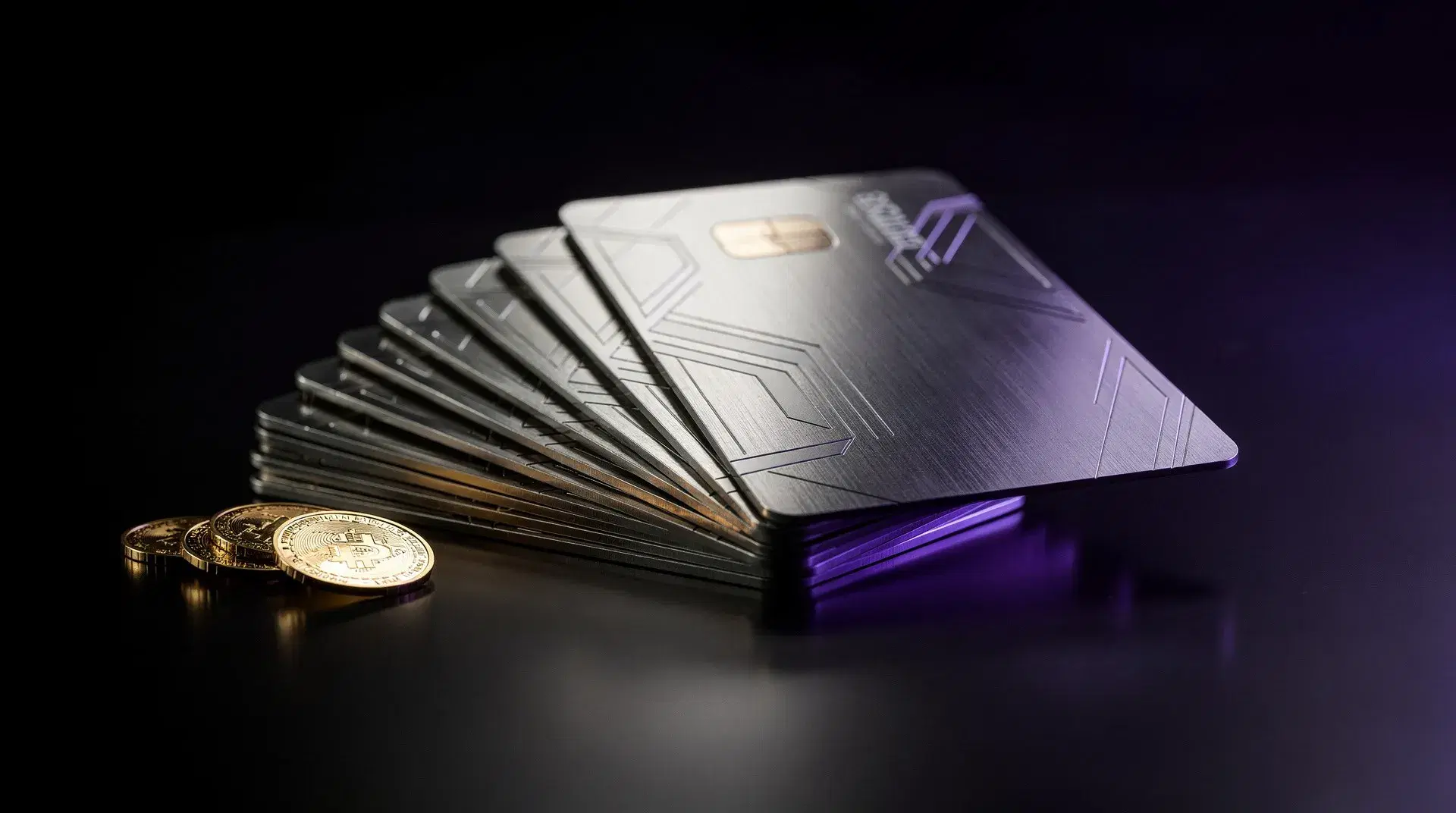 Premium metallic membership tier cards fanned on a dark surface with purple glow