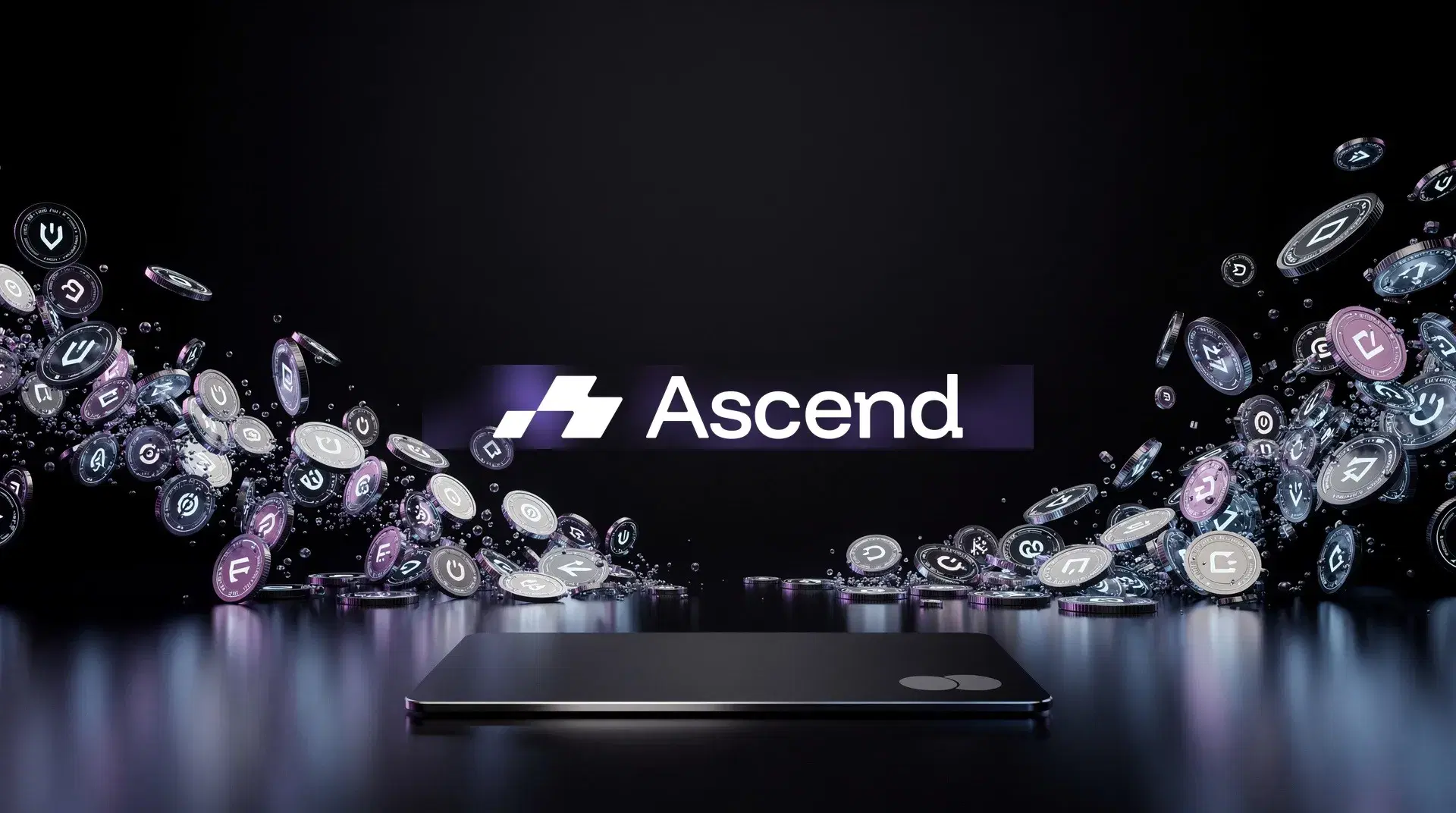 The Ascend logo amid glowing digital game-credit coins on a dark surface