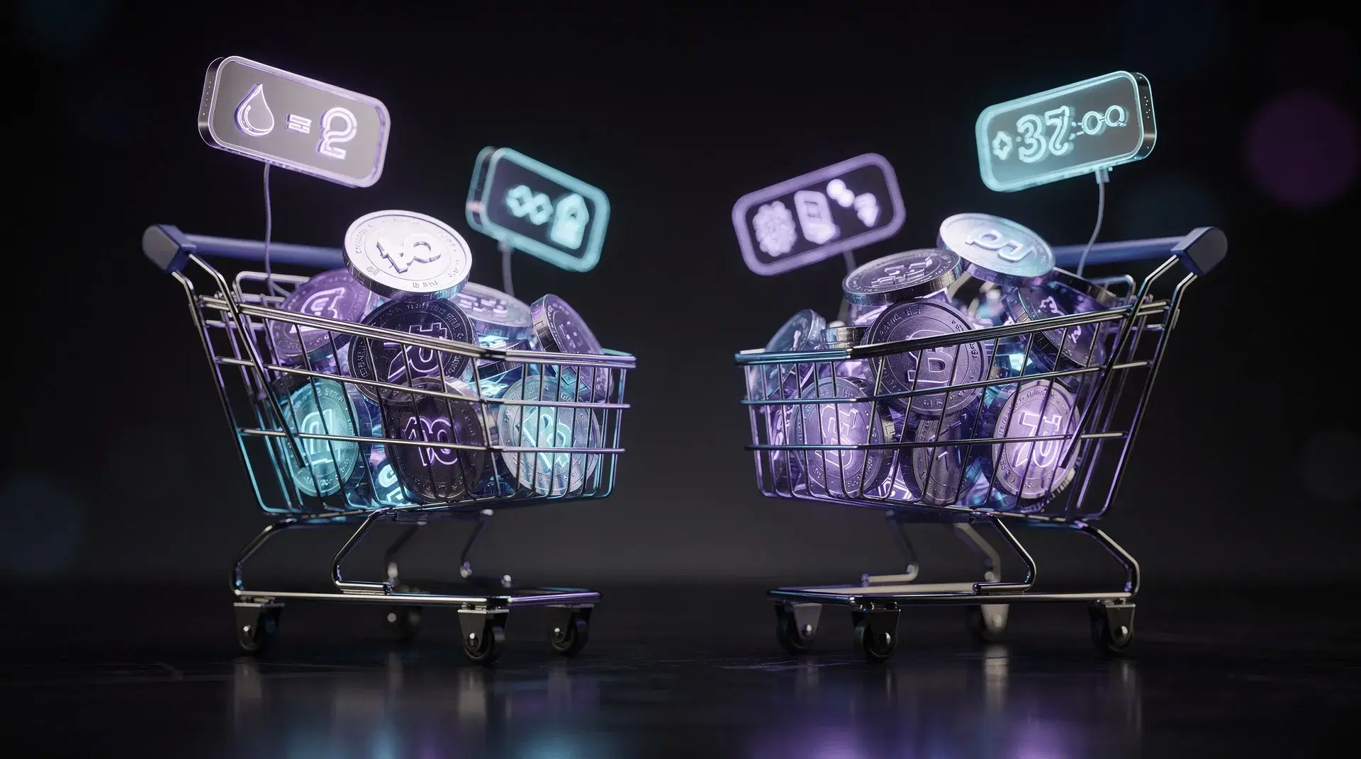 Two glowing carts of digital game credits compared side by side on a dark surface