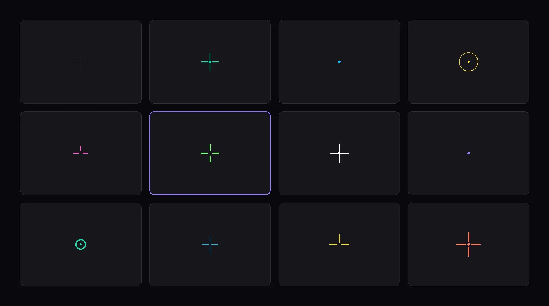 A gallery grid of varied crosshair styles in different colors on a dark UI