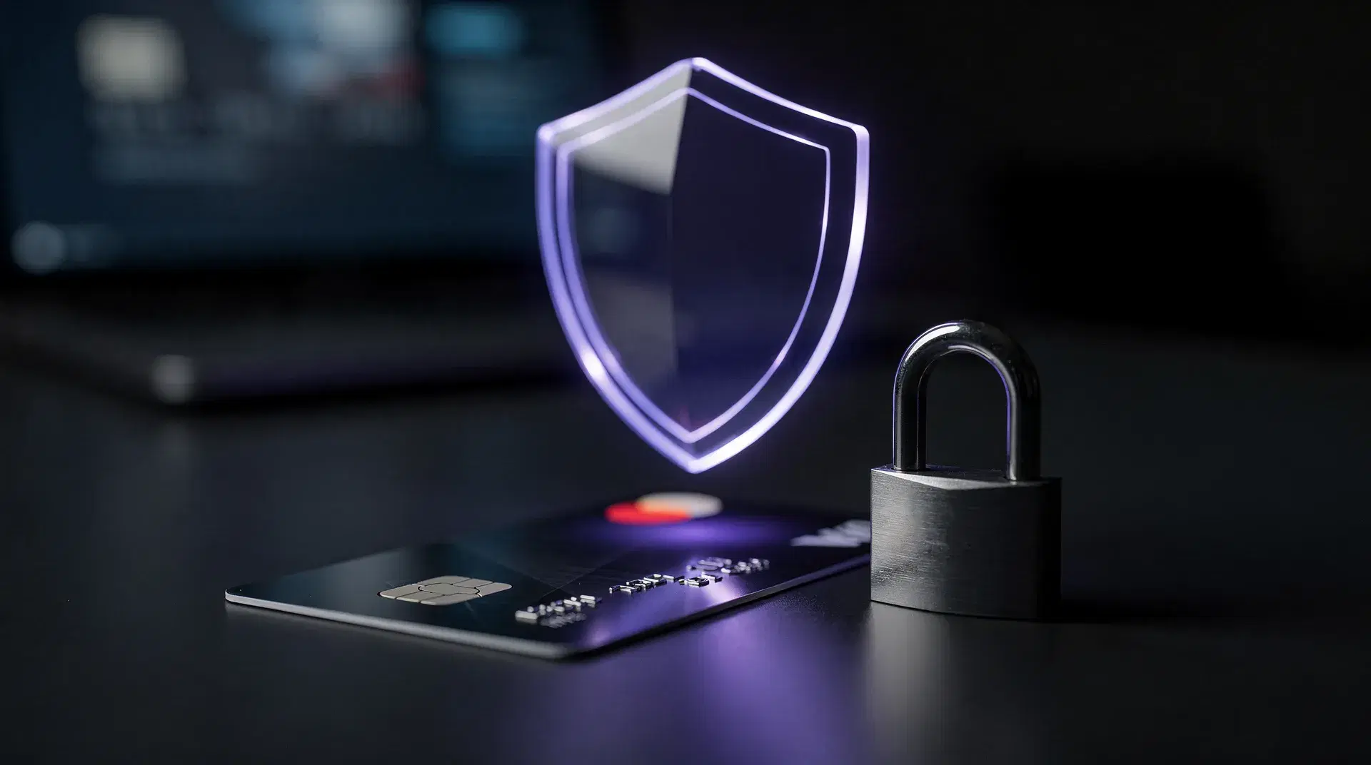 A glowing security shield over a payment card representing safe transactions