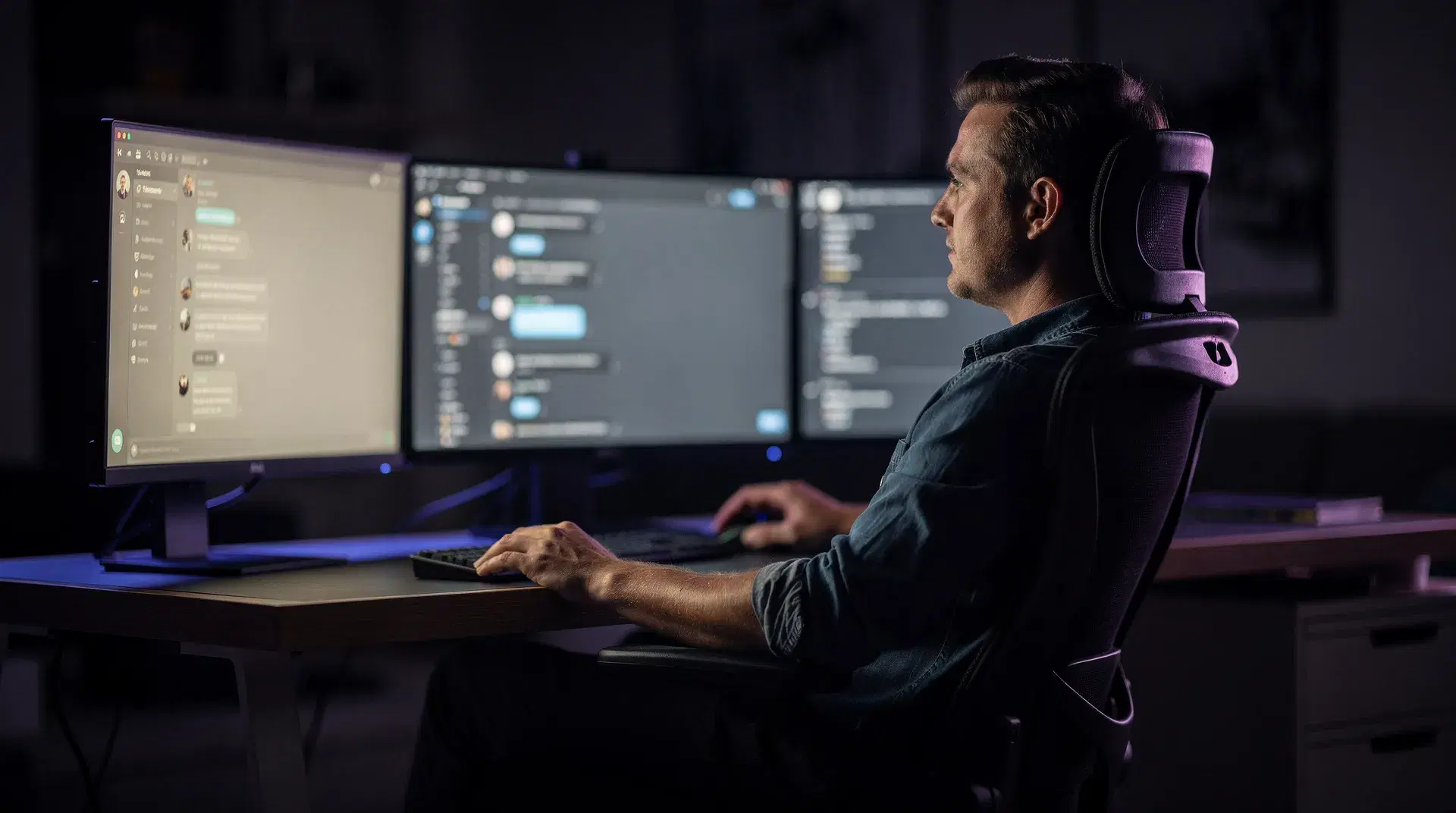 A community moderator calmly managing a blurred chat feed at a dark desk