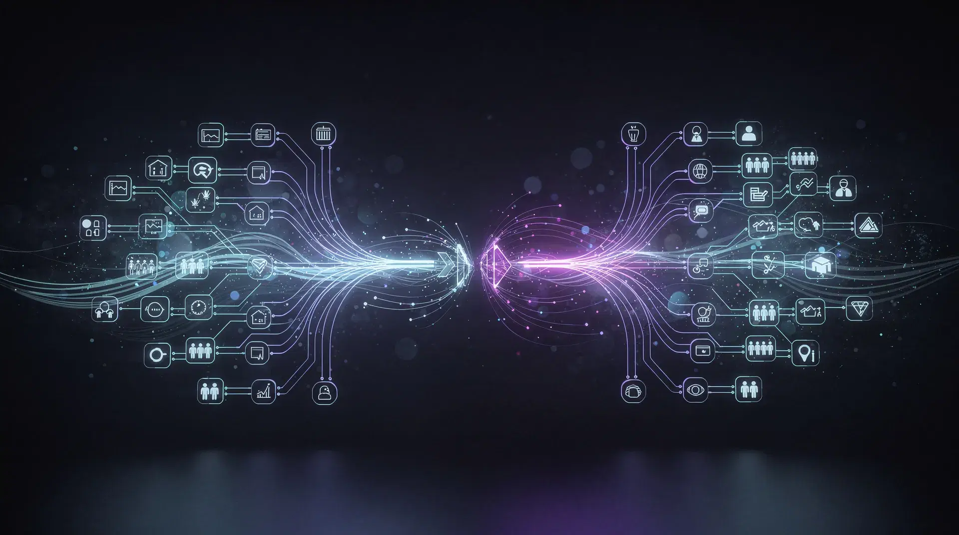 An abstract matchmaking algorithm — glowing logic nodes and data flow balancing into two teams