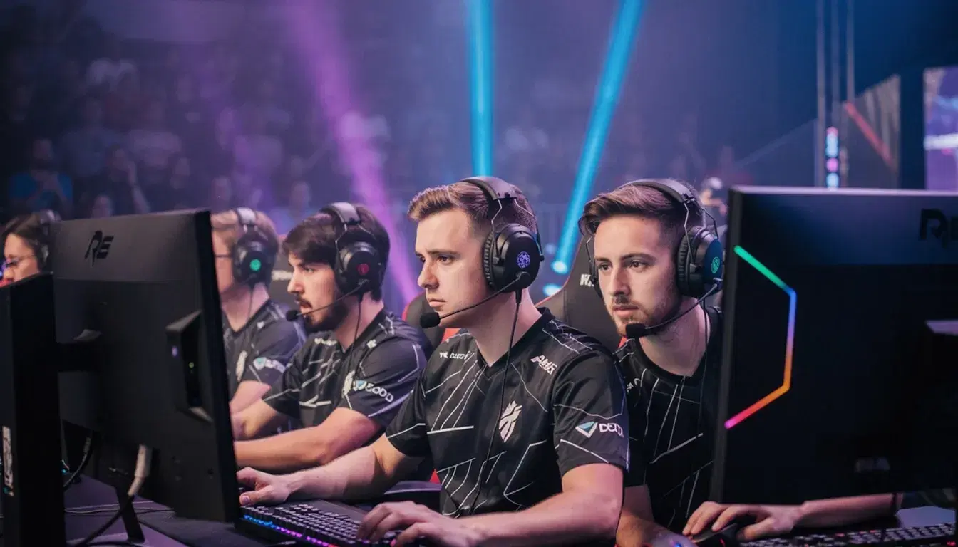 Esports players in team jerseys competing at gaming PCs on a tournament stage, purple stage lighting