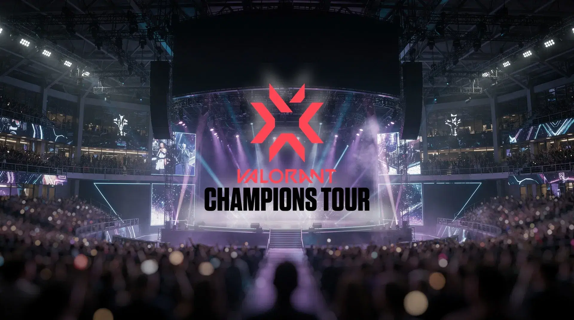 The VALORANT Champions Tour logo on a packed esports arena stage