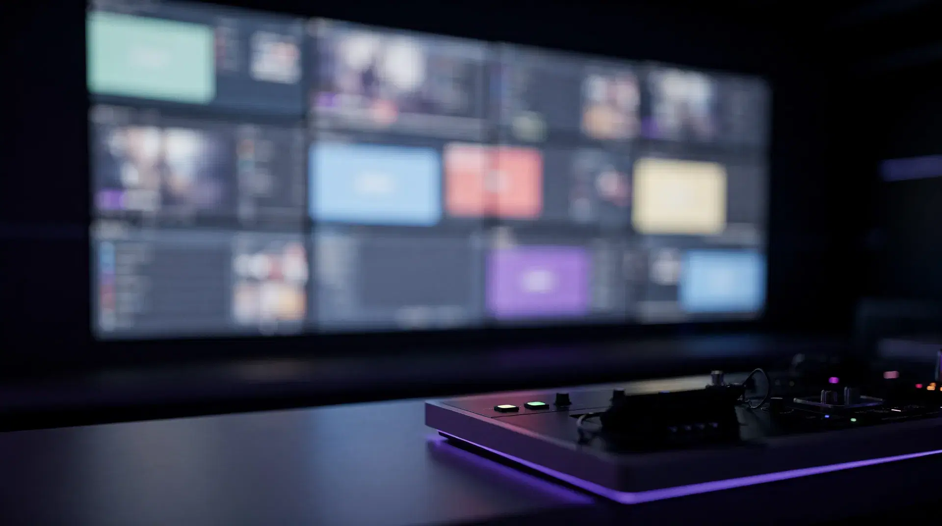 An esports newsroom multi-screen wall with dim blurred panels and purple light