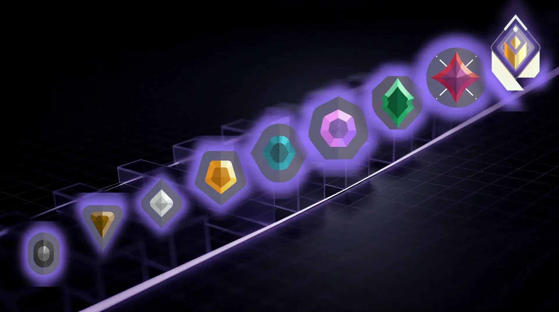 Official VALORANT rank emblems Iron to Radiant ascending as a glowing rank ladder